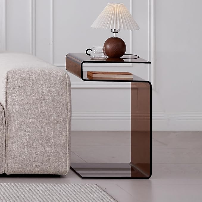 Glass Nightstand,Side Table,S-Shaped End Table for Living Room,Bedside Table for Bedroom (Brown)