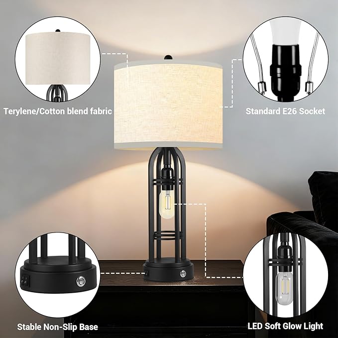 Black Table Lamps, Table Lamp with USB Port, 3 Color Temperatures, Stepless Dimming, Bedside Lamps, Bedroom Lamps, Farmhouse Lamps for Living Room(Bulbs Included)