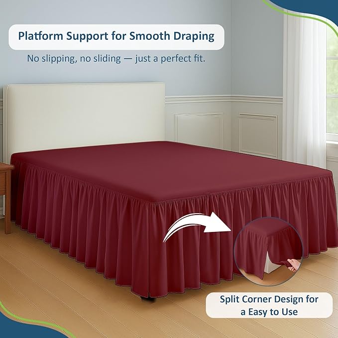 Rajlinen Ruffled Bed Skirt Twin, 8 Inch Drop Dust Ruffle with Split Corners, 100% Microfiber Bedskirt with Platform, Three-Sided Coverage Ruffled Gathering Design, Burgundy
