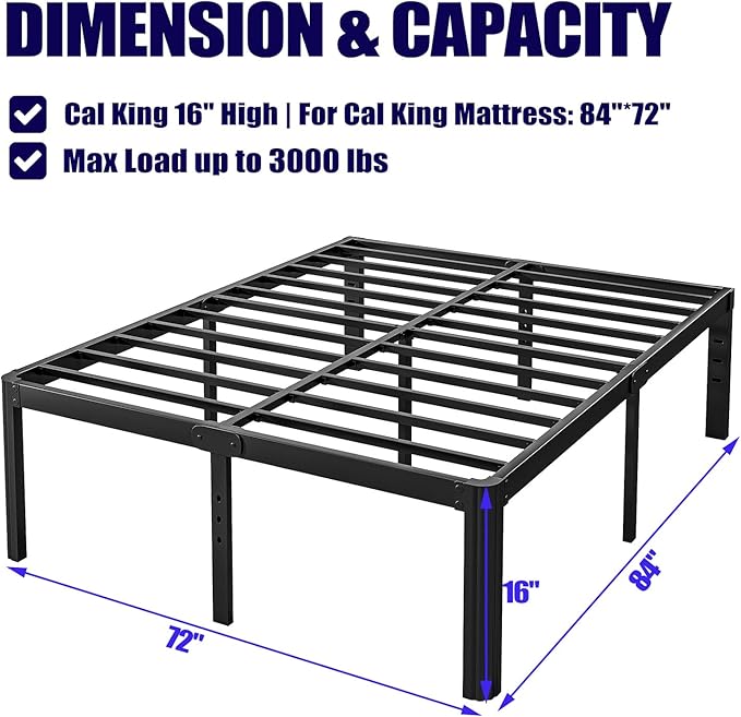 Hunlostten 16" High Heavy Duty California King Bed Frames No Box Spring Needed, Metal Platform Cal King Bed Frame with Round Corners, Easy Assembly, Noise Free, Black