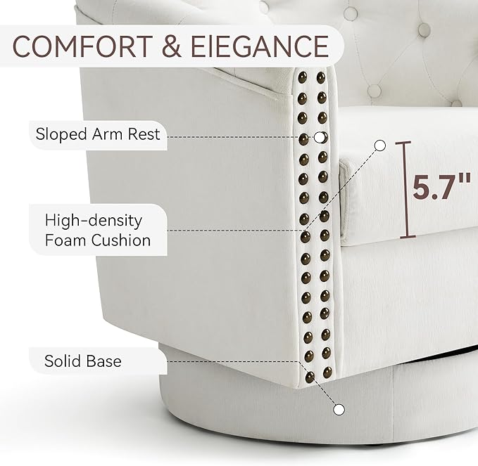 Swivel Barrel Accent Chair,Round Nailhead Chenille Fabric Living Room Arm Chairs,Modern Upholstered Comfty Reading Nook Chairs for Bedroom,Small Club Armchair,Single Sofa Side Chair,Ivory White