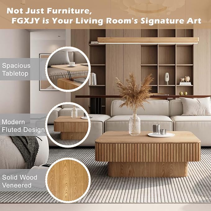 Lift Coffee Table with Storage & Adjustable Height, Solid Wood Coffee Table Fluted Center Table Accent Tea Table or Living Room, Apartment, Office (38.6" Natural)
