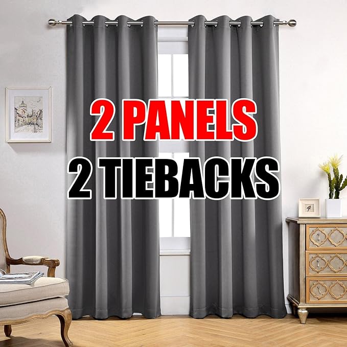 MIUCO Room Darkening Soild Grommet Window Blackout Curtains Two Panels for Bedroom 52x95 Inch Grey, Bonus 2 Tie Backs Included