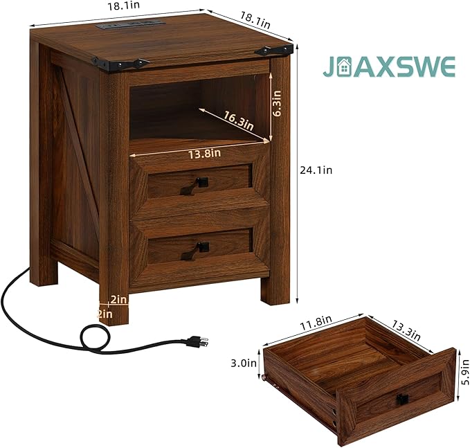 Joaxswe Nightstands Set of 2 with Charging Station, Farmhouse Side End Table with 2 Drawers and Open Shelf, Wood Rustic Sofa Table, Bedside Cabinet for Bedroom, Living Room, Closet, Office(Brown)