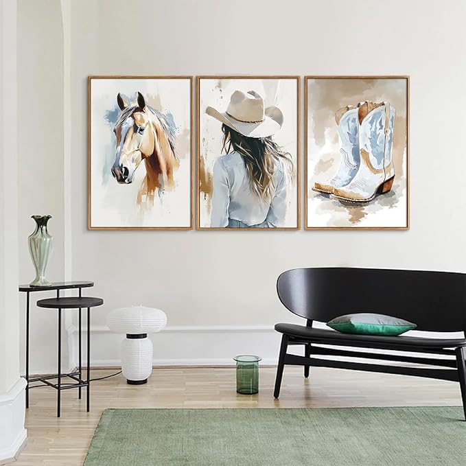 YeeHomedec Large Western Cowgirl Posters Framed Canvas Wall Art Set, Blue and White Horse Wall Decor, Glam Rodeo Boots Art Print, Vintage Country Hat Artwork for Living Room Bedroom Dorm 16"x24"x3