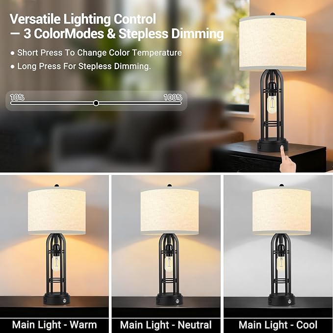 Black Table Lamps, Table Lamp with USB Port, 3 Color Temperatures, Stepless Dimming, Bedside Lamps, Bedroom Lamps, Farmhouse Lamps for Living Room(Bulbs Included)
