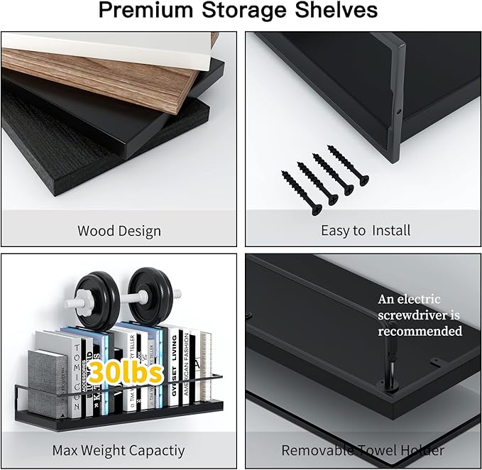 Shario Black Floating Shelves - Set of 2, Wall Mounted Hanging Shelves with Black Towel Rack, Decorative Storage Shelves for Bathroom, Kitchen, Living Room & Bedroom