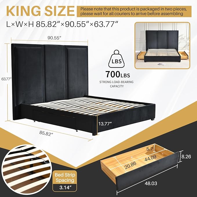 YUHUASHI King Size Bed Frame with 64-inch High Headboard, Simple and Airy Linen Upholstered Platform Bed with Storage Drawers, Wood Slat, No Noise (Ink Blue, King)