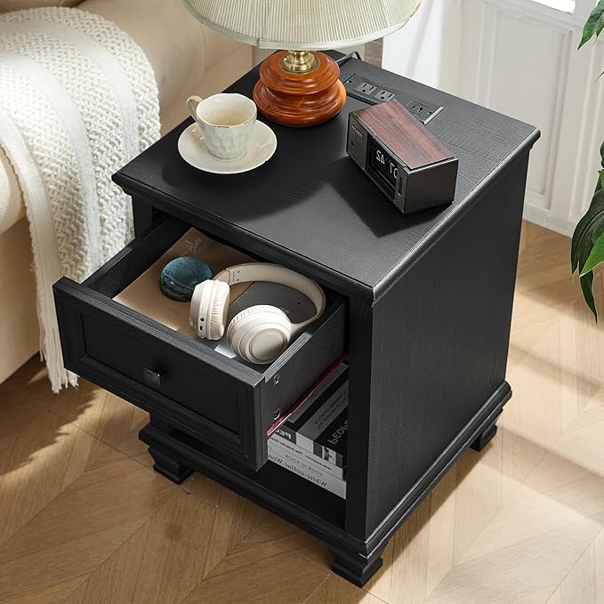 SAVOR LIFE Farmhouse End Tables Living Room with Drawer, Rustic Wood Nightstand with Charging Station, Bedside Table with Open Shelf for Bed Room, Living Room, Black