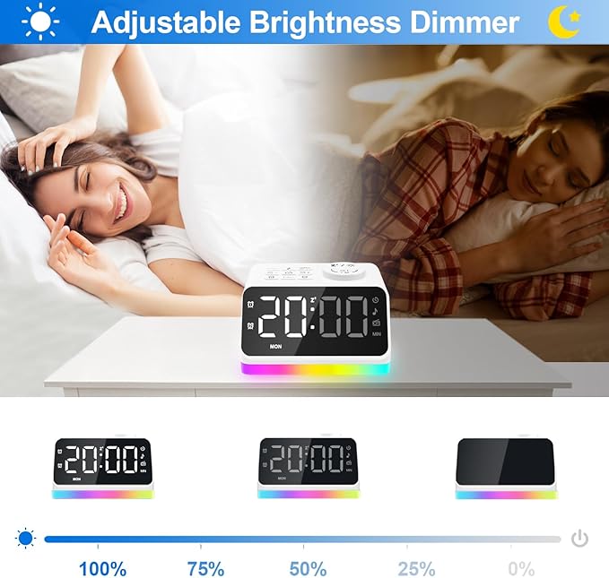JALL Digital Alarm Clock with FM Radio for Bedroom, 8 Colors Night Light with Charging Port, Sleep Sound Machines with Timer, Dual Alarm (White with White Font)