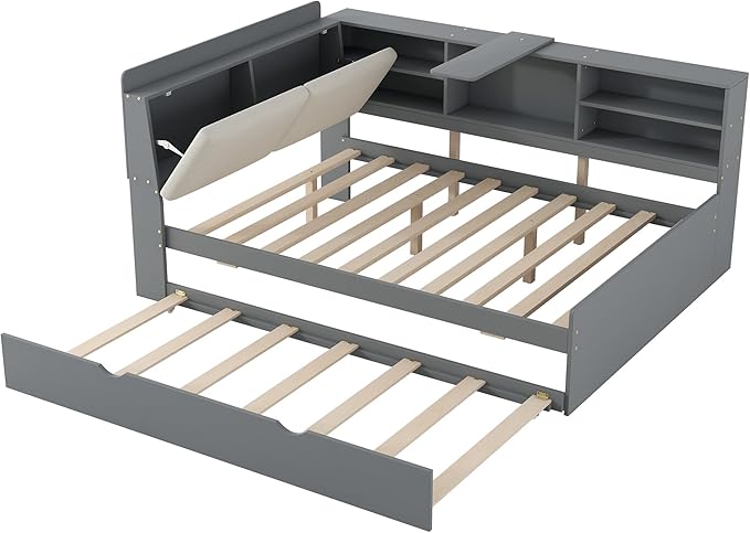 Ball & Cast Full Size Wooden Storage Daybed Frame, Modern Platform Bed with Trundle & Flip Headboard & Shelves, L Shaped Full Floor-Bed w/Upholstered Headboard&Storage, No Box Spring Needed, Gray