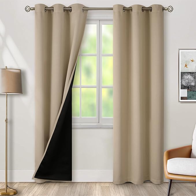 BGment Thermal Insulated 100% Blackout Curtains for Bedroom with Black Liner, Double Layer Full Room Darkening Noise Reducing Grommet Curtain (42 x 84 Inch, Sand, 2 Panels)