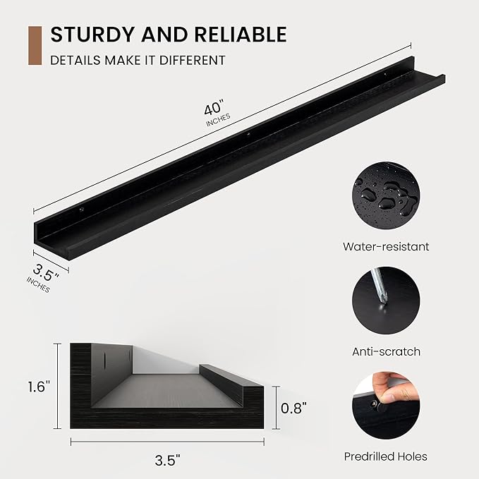 Picture Ledge Shelf, Floating Shelves Set of 2, 40 Inches Solid Wood Nursery Book Shelves for Toys Storage, Kids Bookshelf Wall Mounted for Living Room Bedroom Decor Books Photo Frames, Black
