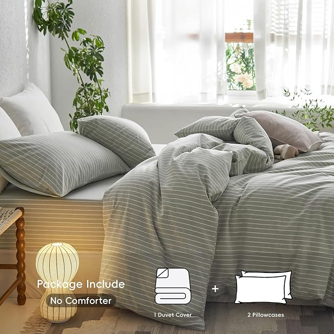 MooMee Striped Duvet Cover Set 100% Washed Cotton Linen Like Textured Breathable Durable Soft Comfy (Sage Green White Wide Stripes, Super King Plus 120"x120")