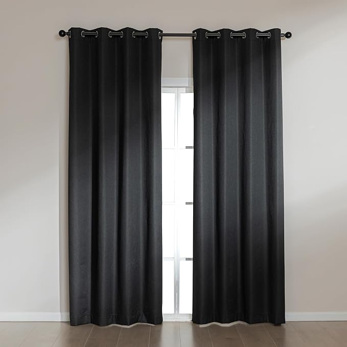 Amazon Basics Faux Linen Blackout Curtains for Bedroom and Living Room, 2-Piece Set with Grommets, 42" W x 95" L, Black