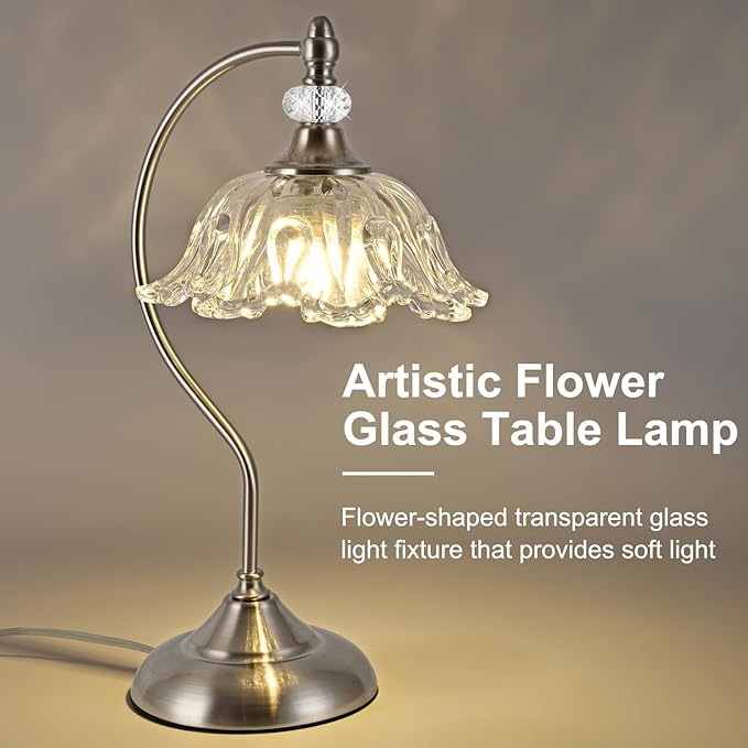 Brushed Nickel Table Lamp with a Floral Clear Glass Shade, A Plug-in Nightstand Lamp in Brushed Nickel Finish for Bedroom, Living Room,Office, and Desk