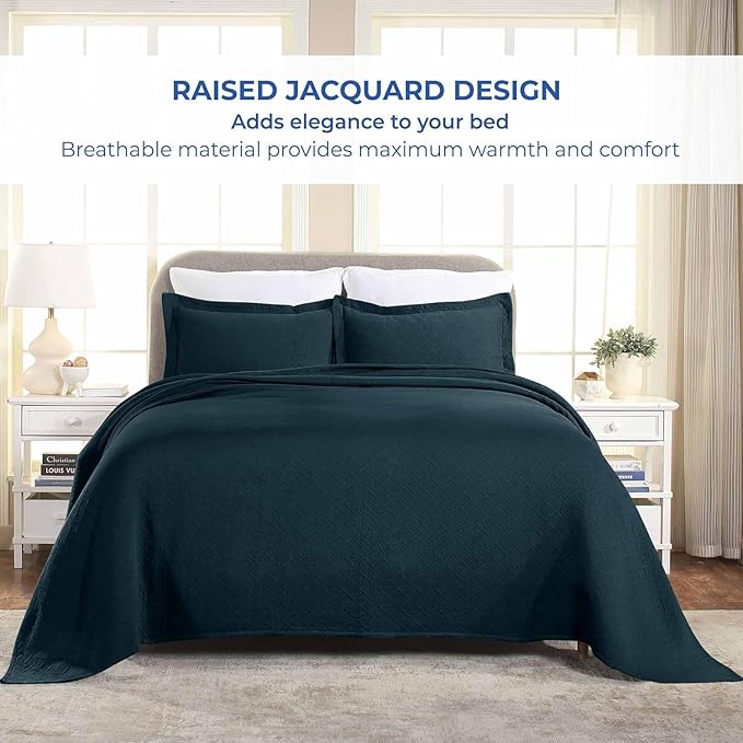 Superior 100% Cotton Basket Weave Bedspread with Shams, All-Season Premium Cotton Matelasse Jacquard Bedding, Quilted-Look Geometric Basket, Twin, Deep Sea
