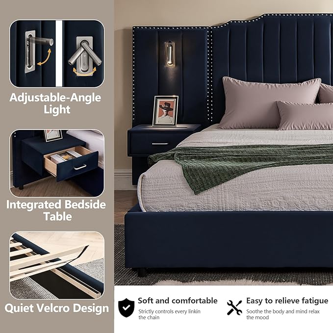 Luxury Queen Bed Frame with Headboard and Storage, Velvet Fabric Upholstered Platform Bed Frame Queen Size with LED Lights, Solid Frame & Bedside Table, No Box Spring Needed, Dark Blue