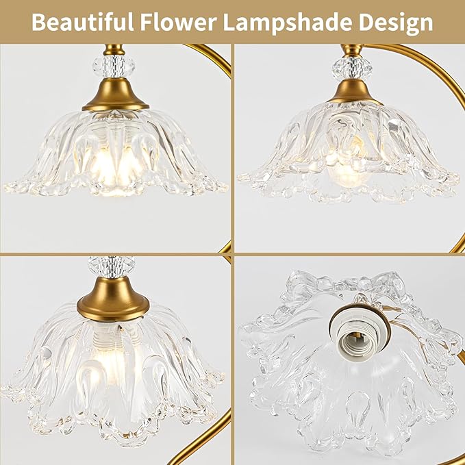 Vintage Table Lamp with a Floral Clear Glass Shade, A Plug-in Nightstand Lamp in Matte Brass Finish for Bedroom, Living Room,Office, and Desk