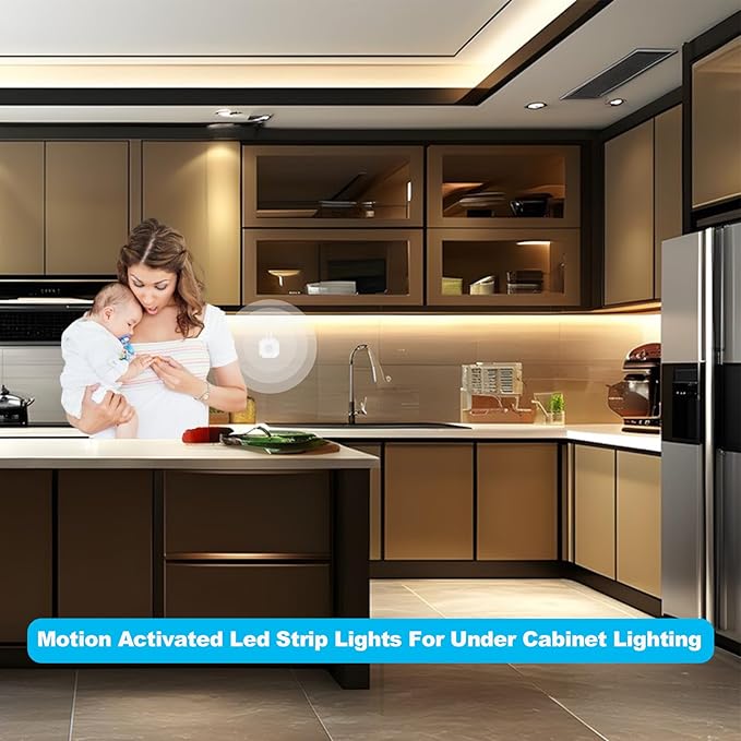 Motion Sensor LED Light Strip, 9.8 Feet Flexible Warm White Motion Activated Led Strip Lights with Adjustable Timer & UL Power Supply for Under Cabinet, Stairs, Bed Lighting Decoration.