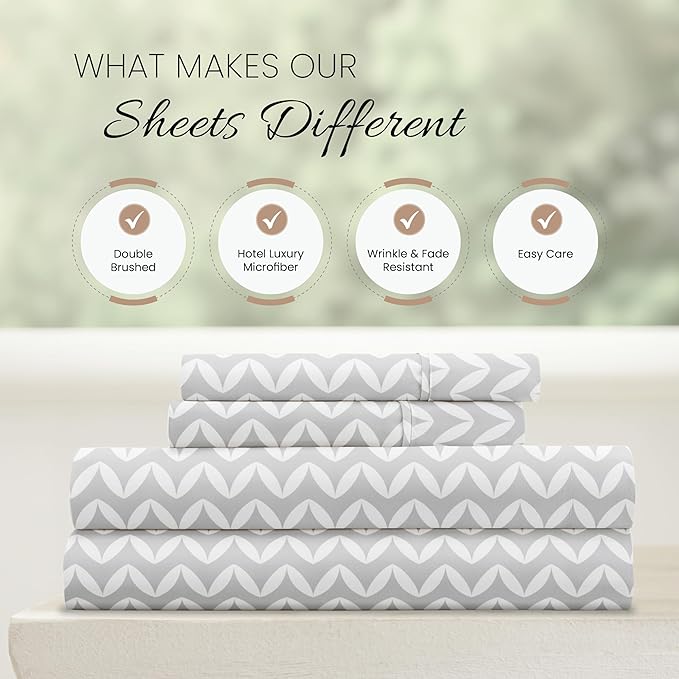 Linen Market Double-Brushed Patterned Microfiber King Sheet Set 4 Piece – Oeko-TEX Certified Ultra Soft & Wrinkle-Free - 16" Deep Pocket Sheets - Easy Care King Size - Puffed Chevron Light Gray