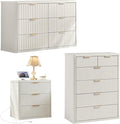LEYAOYAO Fluted Dressers & Nightstand Set of 3, Wood 48" Wide Dresser & 42" Tall Chest of Drawers,Modern Bedroom Furniture Sets, Antique White Wooden Nightstand with 3 Drawers & Charging Station