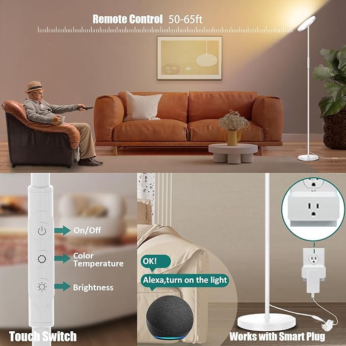 White Floor Lamp, 40W Super Bright Floor Lamps for Living Room Bedroom with Remote & Timer, Torchiere LED Floor Lamp 2700K-6500K Stepless Dimmable, Tall Standing Light Works with Smart Plug