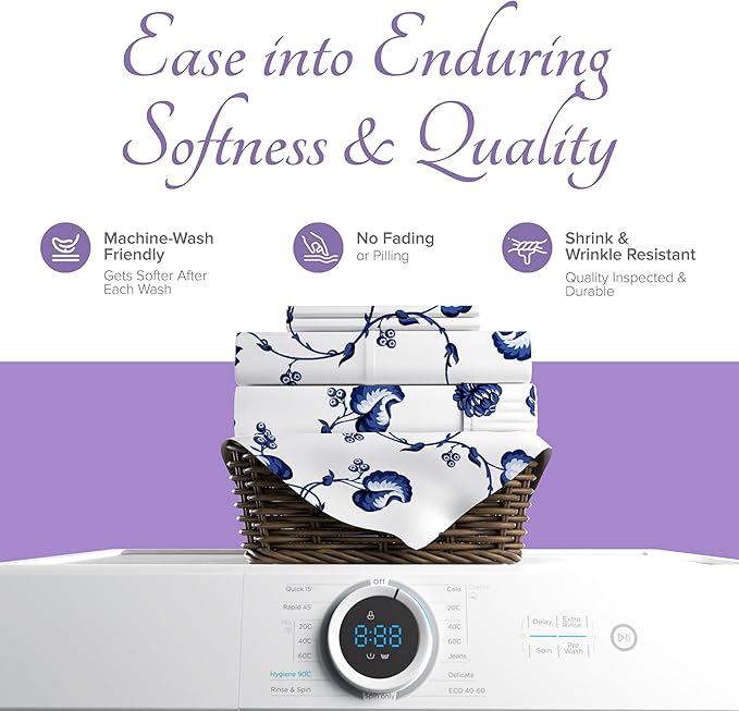 Carressa Linen Luxury Egyptian Cotton Queen Printed Sheet Set - 600 Thread Count Extra Long Staple 4 PC Set, Blossom Azure Queen Printed Sheets, Soft, Cooling Sheets Upto 18 in Deep Pocket