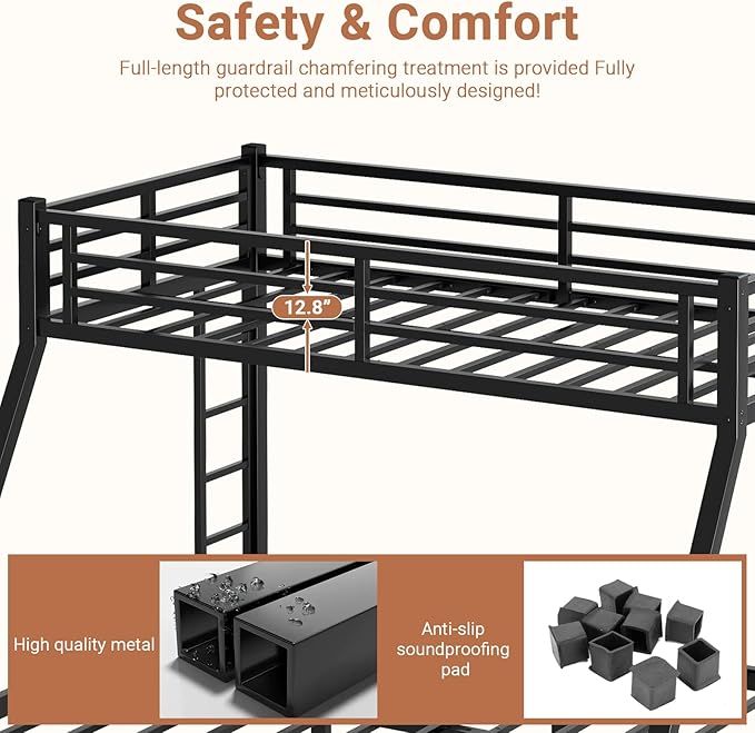 Twin XL Over Queen Bunk Bed Frame, Heavy Duty Metal Loft Bed for Adults/Teens, 350/600LB Capacity w/Ladder & Guardrail, Noise-Free Steel Slats, No Box Spring Required, Black