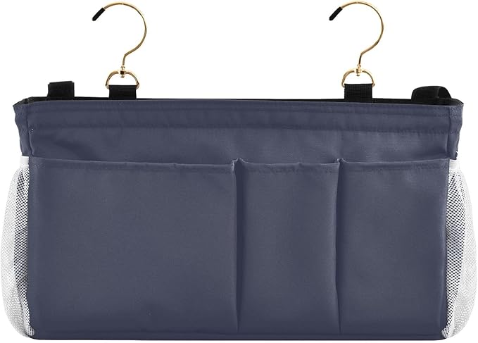 KOPIRIT Navy Grey Bedside Caddy Storage Bag Bedside Organizer for College Dorm Top Bunk Bed Hanging Bag Bedside Shelf 6 Pockets with Hooks for Magazine Water Bottle Holder