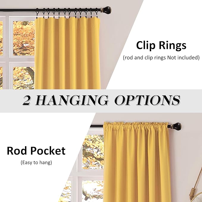 DONREN Blackout Curtain Panels for Bedroom Rod Pocket 96 Inch Length Curtains (42 W x 96 L,Gold Yellow,2 Panels)