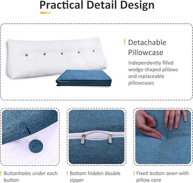 homecozy Wedge Headboard Pillow Dorm Room Reading Pillow Back Support for Sitting Up in Bed Bolster Lumbar Cushion Body Positioning Bedrest Cotton Linen 39in Blue Twin
