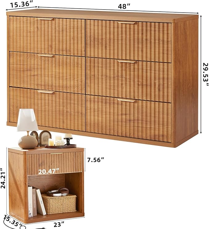 LEYAOYAO 48" Wide Fluted Dresser and 1 Drawers 23" Nightstand Set of 2, Wooden Dresser & Night Stand with Charging Station, 3 Piece Bedroom Furniture Set, Chest of Drawer for Living Room,Brown