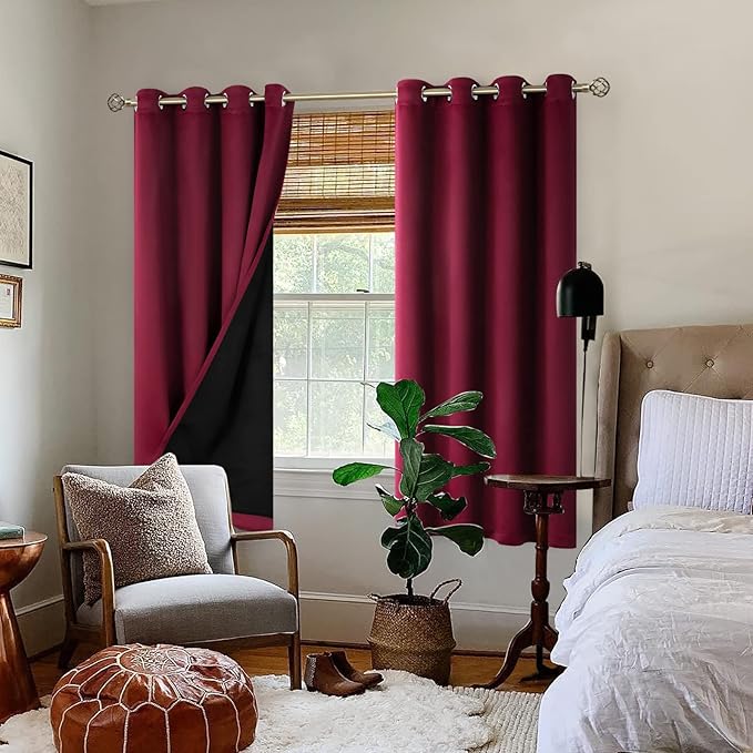 BGment Thermal Insulated 100% Blackout Curtains 72 Inch Length 2 Panels, Total Light Blocking Curtains for Bedroom, Grommet Window Drapes with Thick Black Liner, 52 Inch Wide Each Panel, Burgundy Red