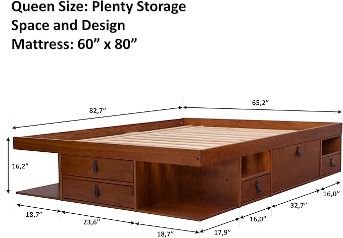 memomad Bali Storage Platform Bed with Drawers (Queen Size, Caramel Brown Wood)