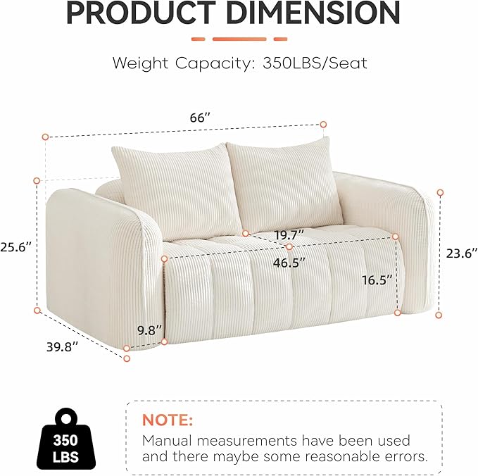 66'' Boneless Loveseat Sofa, 2 Seater Deep Seat Couch with Rounded Armrest, Upholstered Cloud Couch for Living Room, Bedroom, No Assembly, Corduroy White