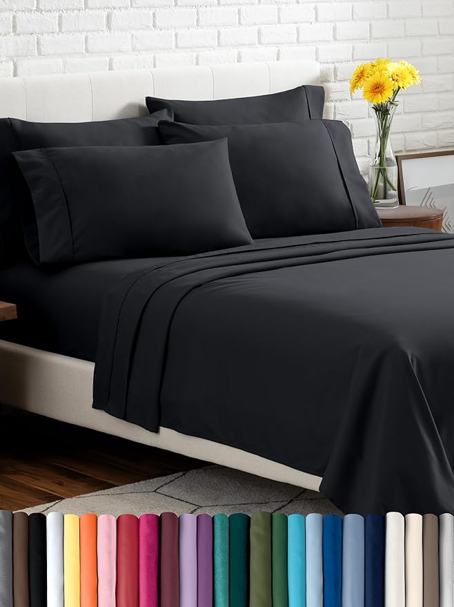 Bare Home Hotel Luxury Cal King Sheet Set, Extra Soft, 6 Piece Set, Deep Pockets, Easy Fit, Cooling & Breathable, Wrinkle, Fade, Stain Resistant, Includes 4 Pillowcases (California King, Black)