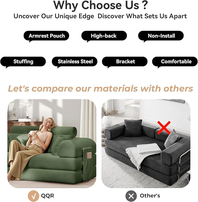 Upgrade High Backrest Design Sofa Bed with Fixed-Shape Frame & Removable Armrests and Backrest, Corduroy Fabric, Convertible Mattress Couch for Small Spaces - No Assembly (High Backrest Olive Green)