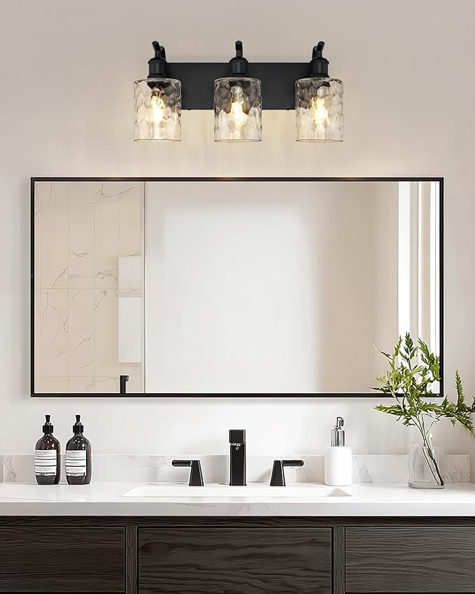 Bathroom Vanity Light Fixtures Over Mirror 3-Light Hammered Glass Wall Mounted Modern Black - VL01BKH-3