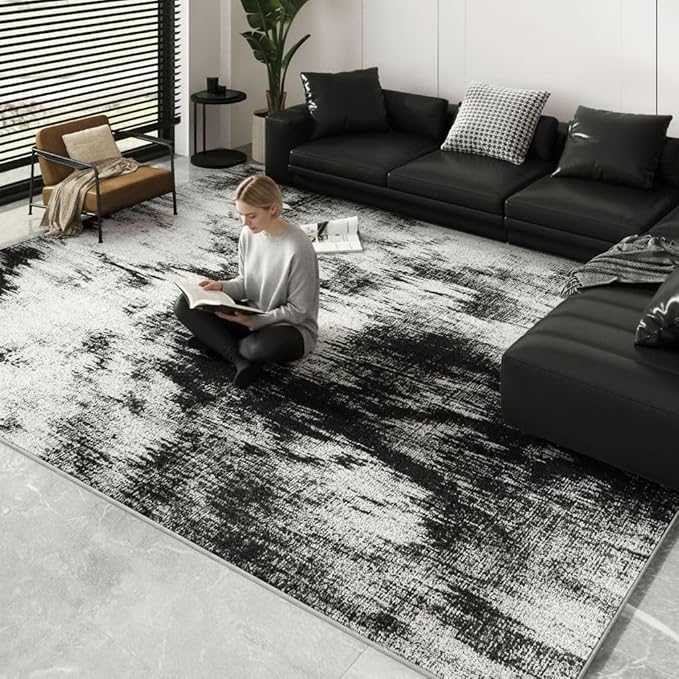 Area Rugs 8x10, Modern Abstract Machine Washable Rugs for Living Room Thin Carpet Indoor Floor Non-Shedding Carpets for Bedroom Dining Room Farmhouse Home Office | Black White