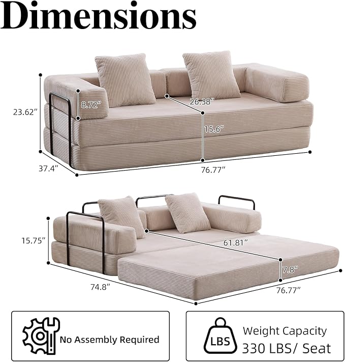 4-in-1 Convertible Folding Sleeper Sofa Bed, Fold Out Floor Sofa Couch with Fixed-Shape Frame, Cloud Corduroy Foldable Mattress Couch for Living Room Bedroom (77" Corduroy, Light Grey)