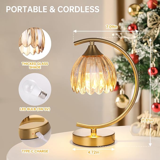 Tulip Table Lamp with 5200mAh Battery & Touch Control, Cordless Lamp with 3 Color Temperatures Clear Bulb, Rechargeable Small Table Lamps for Living Room, Bedside, Nightstand (Amber Tulip)