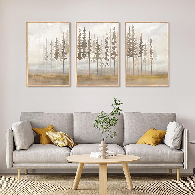 LHIUEM Large Pine Tree Framed Canvas Wall Art Set,Forest Trees Nature Wall Decor,Modern Landscape Artwork, Foggy Forest Painting For Living Room, Bedroom,Office-16 x24 x3
