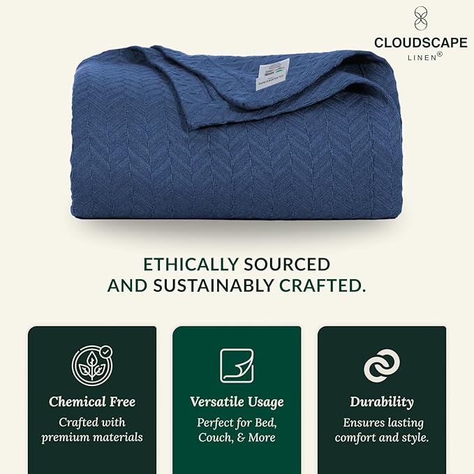 Cloud Scape Linen 100% Cotton Blanket Twin 68x92 Ensign Blue - Cozy Herringbone Weave, Fits Up to Twin XL Size Beds, Breathable Softness, All-Season Warmth, Winter Blanket, Bedding Gift Choice