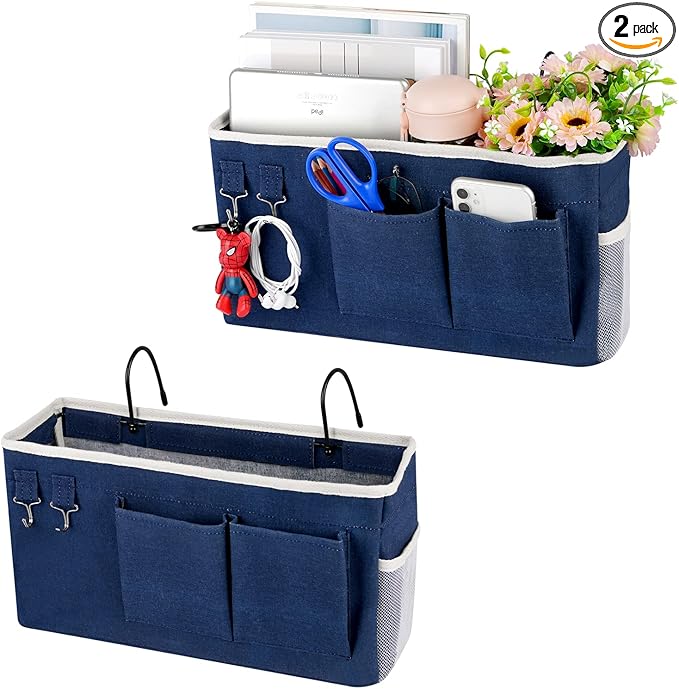 Ozzptuu Bedside Storage Caddy/Bedside Hanging Storage Bag for Headboards Bunk Beds Dorm Rooms Book Phone Magazine Holder (2PC Navy Blue)