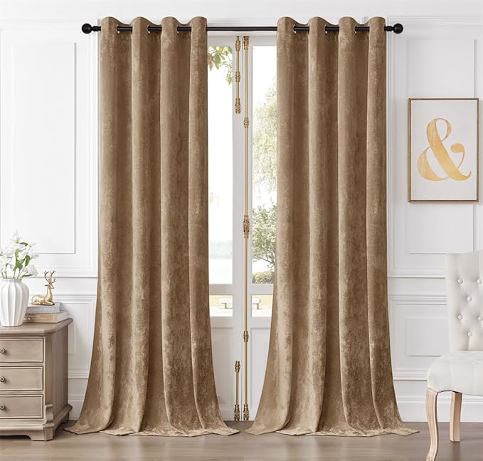 SMILETIME Amber Beige Crushed Velvet Curtains 52x90 inch Luxurious Thermal Insulated Soundproof Drapes for Living Room Bedroom Office Soft and Durable Light-Filtering Window Treatments, 2 Panels