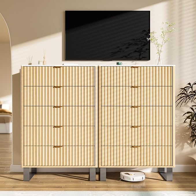 Fluted 5 Drawers Dresser, 48" H Modern Country Storage Dressers with Brushed Metal Handles, Wood Storage Organizers for Bedroom, Living Room, Hallway, Beige