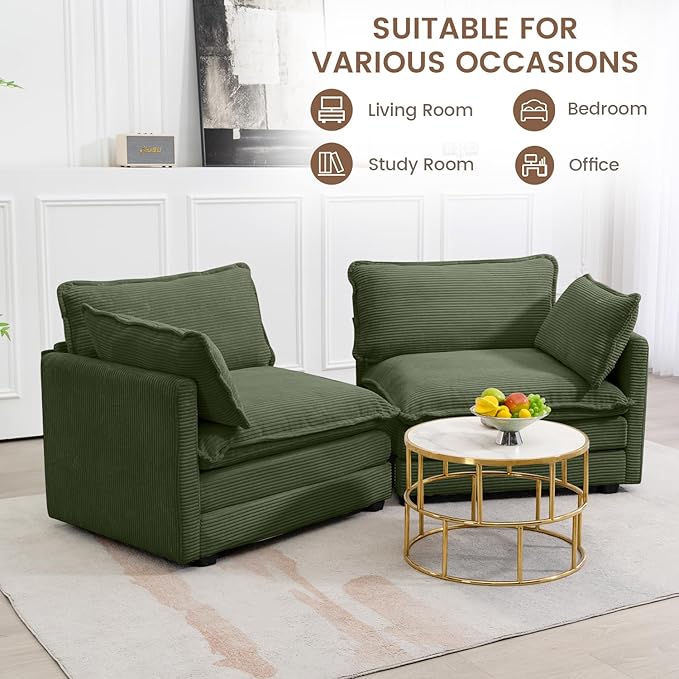 ROWHY Sectional 2 Seat Cloud Loveseat with 2 Throw Pillows, Modern Corduroy Love Seat Sleeper Bed, Convertible Cozy Sofa for Living Room and Office, Green