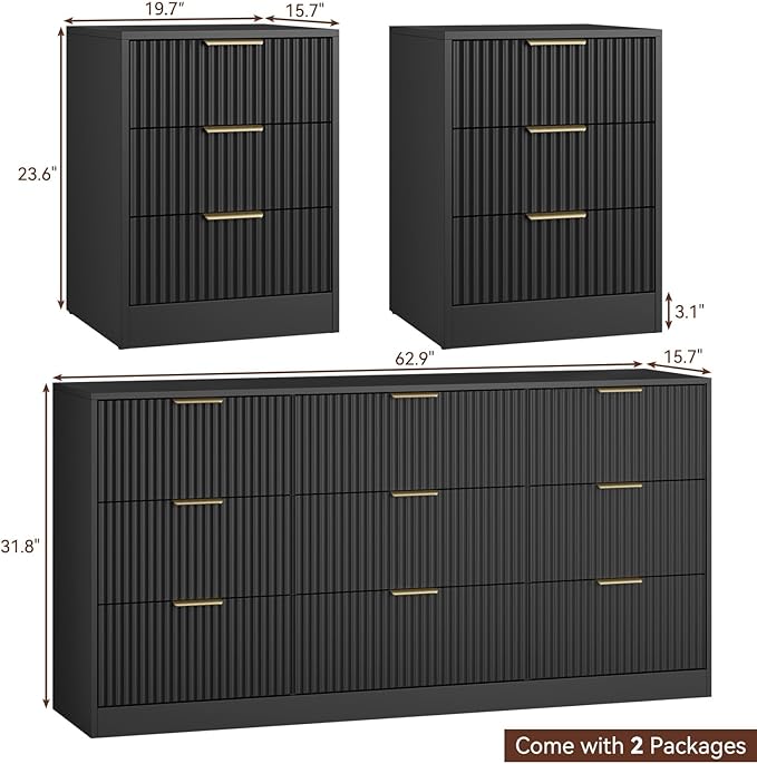 9 Drawer Black Dresser & Nightstand Set 3-Piece - 63” Long Fluted Dresser Set Night Stand Set of 2 with Metal Handle, Modern Wood Chest of Drawers Storage Dressers Set for Bedroom, Black