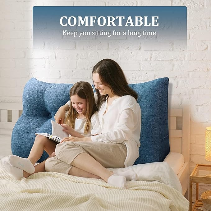 homecozy Wedge Headboard Pillow Dorm Room Reading Pillow Back Support for Sitting Up in Bed Bolster Lumbar Cushion Body Positioning Bedrest Cotton Linen 59in Blue Queen